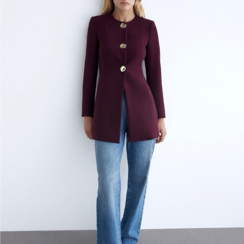 Zara Plum Tailored Gold Button Detail Frock Blazer Sz S NWT